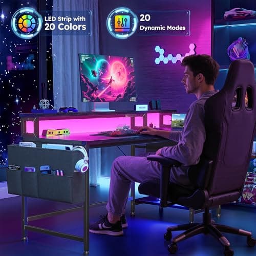 DurayLoly 48" Computer Desk with Drawers & Storage Bag, Gaming Desk with Power Outlets and LED Lights, Office Desk with Monitor Stand for Bedroom Gaming Room, Study Work Home Office, Black 4