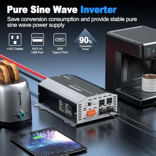2000 Watt Pure Sine Wave Inverter 12v DC to 110v 120v AC Converter,4000W Peak Power Inverter with 4 AC Outlets,USB Port,Type-C,Remote Control LCD Display for Truck, RV, Vehicles, Solar Off-Grid 3