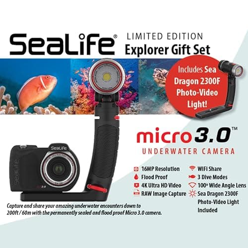 SeaLife Micro 3.0 Limited Edition Explorer Underwater Camera Gift Set for Photography & Video, Easy Set-up, Includes Sea Dragon 2300 Photo-Video Light 2
