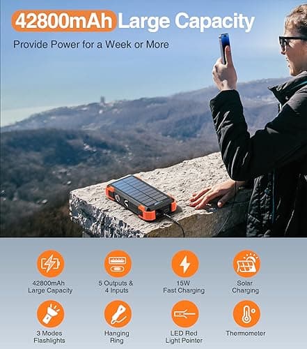 GOODaaa Portable Charger 42800mAh Built in 4 Cables and Thermometer 15W Fast Charging Power Bank Five Outputs Three Inputs Solar Charger Power Bank, SOS/Strobe/Strong Flashlights, Carabiner 2