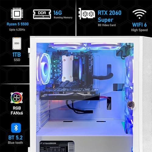 STGAubron Gaming PC Computer Desktop, AMD Ryzen 5 5500 up to 4.2GHz, GeForce RTX 2060 Super 8G,16G DDR4, 1T SSD, WiFi 6 5G & BT 5.2, RGB Fan x6, Windows 11 Home 3