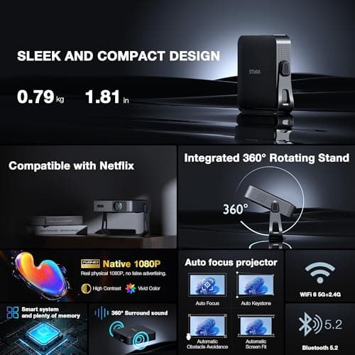 【Officially-Licensed APP & Native 1080P】Thinnest 1.81" Smart Mini Projector with WiFi and Bluetooth, Auto Focus & Keystone Portable Outdoor Projector, VOPLLS 4K Support Home Movie Projector 2