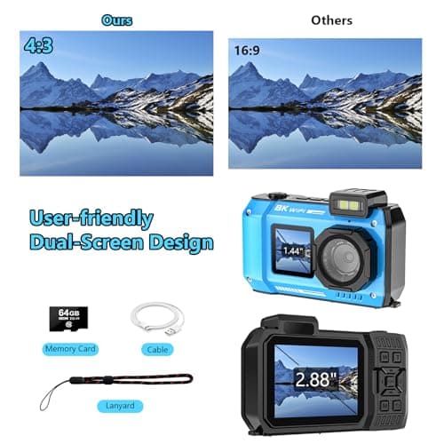 SPUNALP UHD 8K Underwater Camera, 70MP 33FT WiFi Waterproof Digital Camera with 64GB Card, Auto Focus Waterproof Dual-Screen Selfie 2500mAh Battery, 18X Floatable Digital for Snorkeling, Blue 4