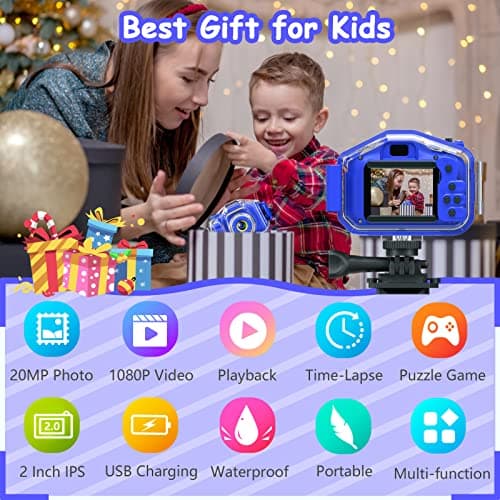 DEKER Kids Waterproof Camera, Christmas Birthday Gifts for Boys Girls Toys 3-12 Year Old, Underwater Mini Children HD Digital Action Camcorder, 2 Inch IPS Screen with 32GB Card (Dark Blue) 3