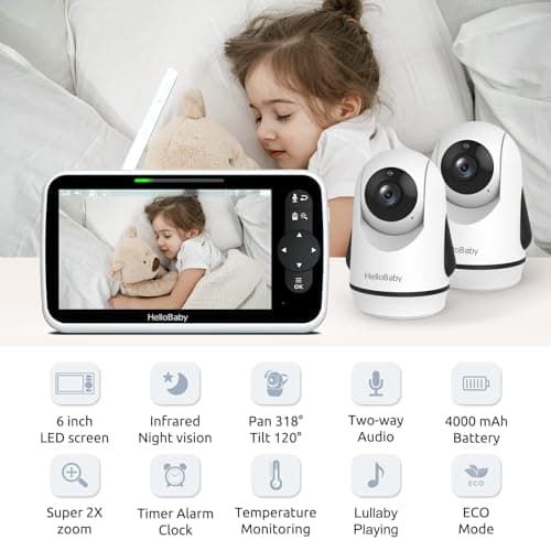 HelloBaby Video Baby Monitor with Upgraded 6” IPS Large Screen, Split Screen with 2 Cameras, Night Vision and Temprature Monitoring, Remote Pan-Tilt-Zoom Camera, No-WiFi 2