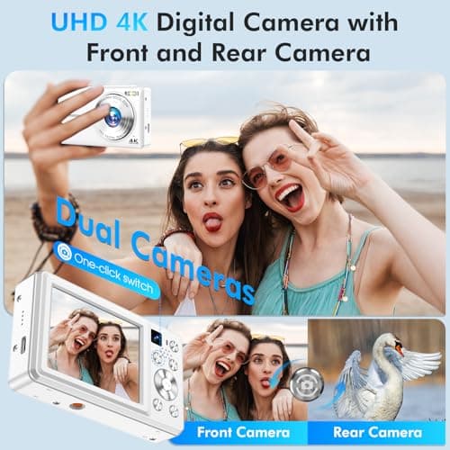 4K Digital Camera, 64MP Autofocus Vlogging Camera with Dual Lens, 16X Digital Zoom YouTube Compact Travel Point Shoot Camera for Teens Beginner, Anti-Shake,2 Batteries, 32GB Card (White) 2