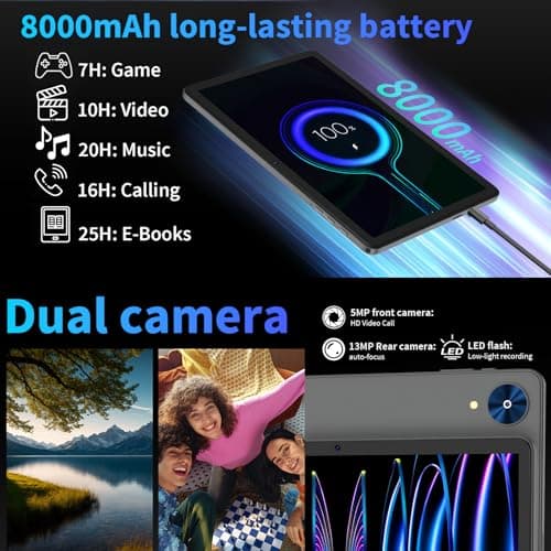 YLEEBG Android 15 Tablet with Keyboard, 26GB+256GB(2TB Expand), 10.1 Inch Tablet 8000 mAh Battery, BT 5.0, 5G WiFi, Widevine L1, Dual Camera, 2 in 1 Tab with Mouse, Case, Stylus(Green Case) 5