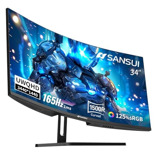 SANSUI 34-Inch Curved Gaming Monitor UWQHD 3440 x 1440 Up to 165Hz Curved 1500R - PIP/PBP, 1ms(MPRT), HDR, 300nits, sRGB 125%, DCI-P3 95%,FreeSync,HDMIx2,DP1.4 x2 (DP Cable Included)