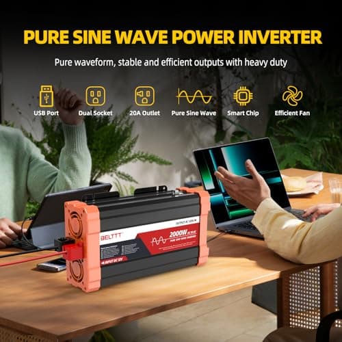 BELTTT 2000W Pure Sine Wave Inverter, Car Power Inverter 12V to 120V AC Converter for RV, Truck, Solar, Outdoor with Dual AC and 20A Socket, 5V 2.1A USB, Surge 4000W, Hardwire Port, Remote Controller 2