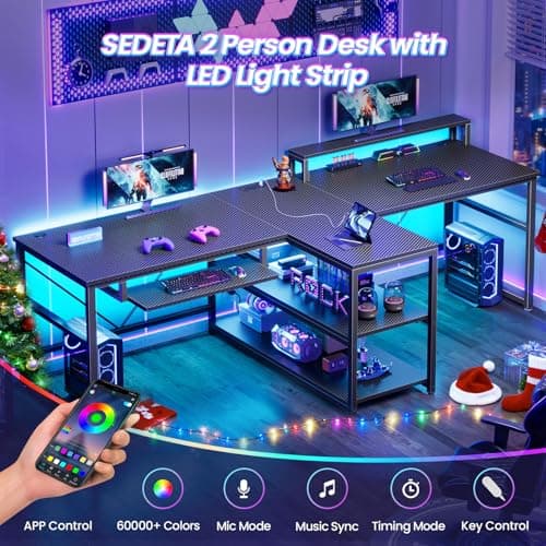 SEDETA 94.5" Gaming Computer Desk, 2 Person Office Desk with Storage, LED Lights, Power Strip, Long Desks with Keyboard Tray & Monitor Stand for Home Office, Carbon Fiber Black 4