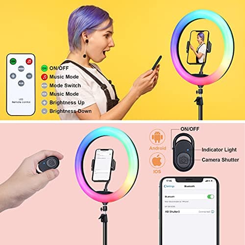 13" Selfie Ring Light with 76" Tripod Stand & 3 Phone Holder, LED Camera Ringlight with 48 RGB Colors Modes & Musical Rhythm Mode and 12 Brightness Dimmable for Makeup/Photography/Videos/Vlog/TikTok 4