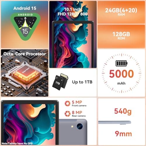 URAO Tablet,10.1" Android Tablet with Octa-core Processor 24GB RAM 128GB ROM HD IPS Touchscreen 8H Battery, Wi-Fi 6, BT 5.0, Dual Camera, Android 15 Tablets 2025 2