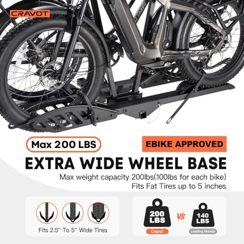 CRAVOT CyberRack E2 Hitch 2 EBike Rack with Ramp, 200 lbs Capacity Electric Bike Carrier Foldable Platform Mount, Up to 5-inch Fat Tire Bicycle for 2'' Receiver Cars Trucks SUVs Minivans RV, Trailer 3