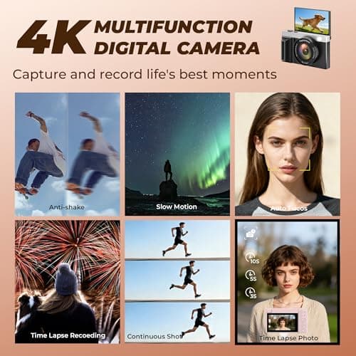4K Digital Camera,64MP Cameras for Photography with 16X Digital Zoom, AutoFocus Vlogging Camera for YouTube, 3" 180°Flip Screen Compact Travel Camera, Anti-Shake 4K Video Cameras 3