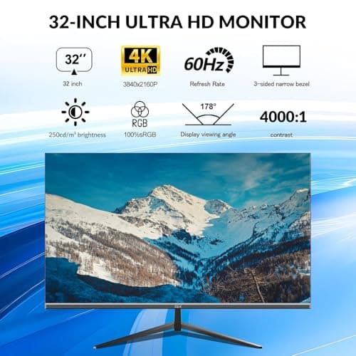 32 Inch 4K UHD Monitor (3840x2160), IPS,60Hz Refresh Rate, 100% sRGB, AMD FreeSync, 178° Viewing Angle, HDMI/DisplayPort, VESA 100x100mm Mount Compatible, Tilt Adjustable - Black 2