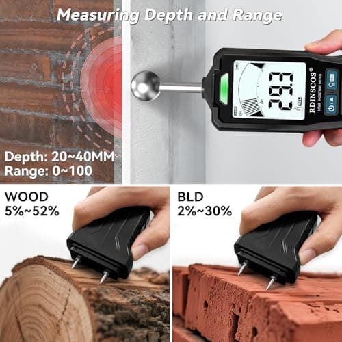 2-in-1 Pin & Pinless Moisture Meter, Digital Moisture Detector for Wood, Drywall & Building Materials, Large LCD Display, 3-Color Indicator, Calibration, Rechargeable Battery 5