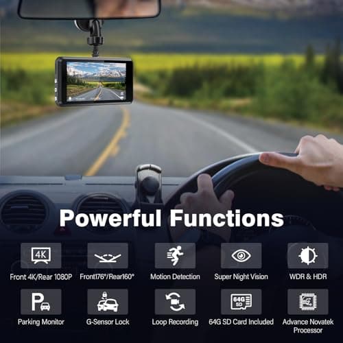 Miden S7 4K Dash Cam Front and Rear, 64G SD Card,2160P+1080P FHD Dual Dash Camera for Cars,176°+160° Wide Angle,3.2'' IPS Screen Dashcam,Loop Recording,G-Sensor,WDR,24H Parking Monitor,Night Vision 2