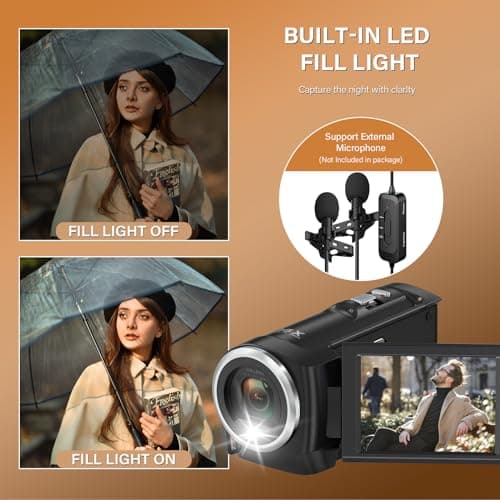 Muitune Camcorder Video Camera QHD 2.7K 56MP 16X Digital Zoom Vlogging Camera with LED Fill Light for YouTube, 2.8 Inch 270 Degree Rotation LCD Screen Camcorder with 32GB SD Card and Two Batteries 4