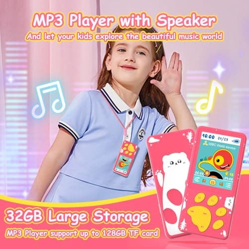 MP3 Player for Kids,32GB Pink Kids MP3 Player with Bluetooth,Speaker, 2.4 inch Color Screen,Soothing Sound,Flashlight,Games,Voice Recorder,Music Player with Cartoon Bear Paw Button Expandable to 128GB 4