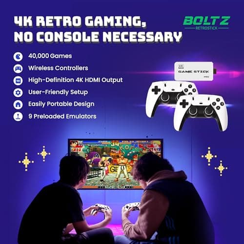 Boltz Retro Stick Gaming Stick – Retro Gaming Console with 40,000+ Classic Video Games, 9 Emulators, 128GB Storage, Plug & Play 4K HDMI Output, Includes 2 Wireless 2.4GHz Controllers 2