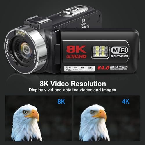 8K Video Camera Camcorder 64MP YouTube Vlogging Cameras IR Night Vision WiFi Webcam Camcorders with 18X Digital Zoom 3.0”Touch Screen Stabilizer, Mic, 64G SD Card, Remote Control and 2 Batteries 2