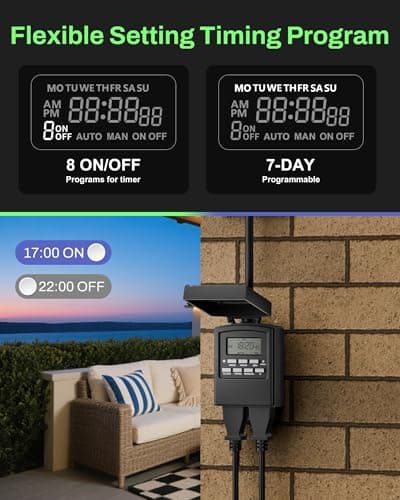 BN-LINK 7 Day Outdoor Heavy Duty Digital Programmable Timer, Outdoor Timer Outlet Waterproof, 2 Grounded Electrical Outlets for Christmas Lights, 15A 1/2HP,ETL Listed 4