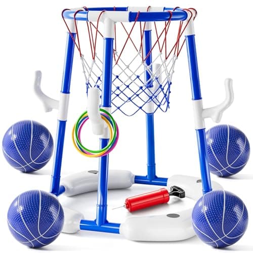 2-in-1 Pool Basketball Hoop & Ring Games with 4 Balls 12 Rings and Pump, Summer Water Outdoor Party Swimming Pool Toys Games for Kids Ages 4-8 8-12 Adult, Family Party Easter Birthday Games Toys