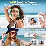 4K Digital Camera for Photography Autofocus, 64MP WiFi Vlogging Camera for YouTube with 2 Batteries, SD Card, 3" 180°Flip Screen Selfie Compact Travel Camera for Teens with 16X Zoom, Anti-Shake, White 3