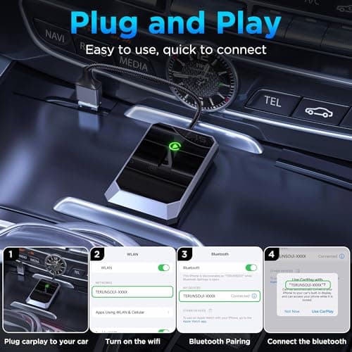 TERUNSOUl Wireless Carplay Adapter, Converts Wired to Wireless carplay Adapter for iPhone, Wireless Control Plug & Play Carplay for Cars from 2017 & for Apple iPhone iOS 10+ 2