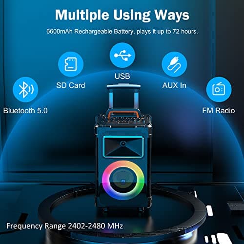 JYX Karaoke Machine with 2 Wireless Mics, 10" Woofer 500W Peak Power Big Portable Bluetooth Speaker with Bass/Treble Adjustment, PA System with Remote Control, LED Lights, Rolling Wheels and Trolley 2