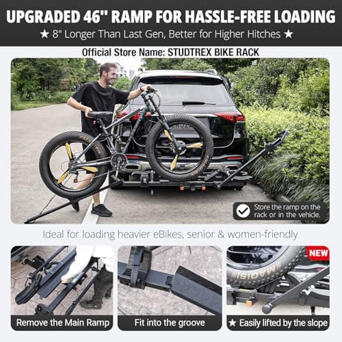 TrailV2 Plus Hitch 2 Ebike Rack with Ramp, Tilt, Fold, Anti-Theft Hitch & Wheel Locks, Heavy Duty 170 lbs Capacity, Fits 2" Receiver, Max 5" Fat Tires, Electric Bike Rack for for Car, SUV, Truck, RV 2