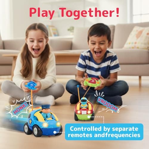 PREXTEX Cartoon Remote Control Car - 2-Pack Police and Race Car Toddler Toys - RC Cars for Kids with Different Frequencies - Easy Remote Control Toy and Thoughtful Gifts for Boys and Girls 4