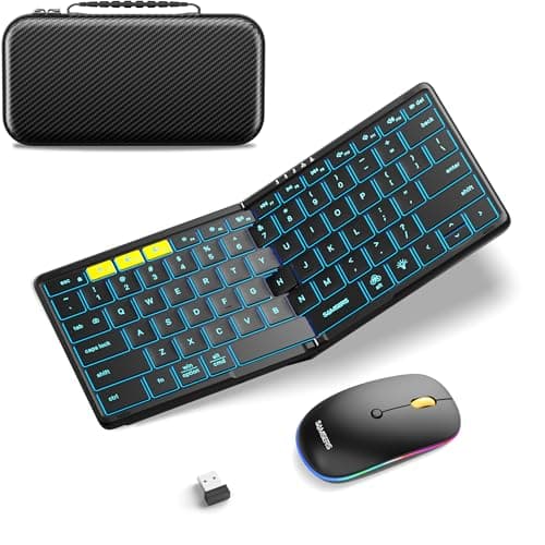 Foldable Keyboard and Mouse, Samsers KM08X Folding Bluetooth Keyboard Mouse Combo with Backlight, 2.4G + BT5.0 x 2, Full-Size Travel Keyboard & Portable Wireless Mouse for Windows iOS Mac OS Android