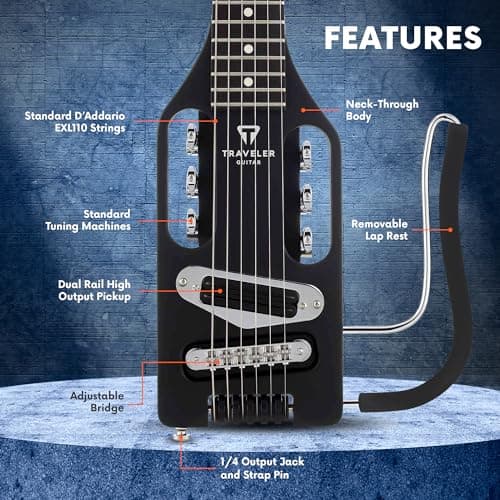 Traveler Guitar Ultra-Light Electric Guitar Matte Black | Portable Electric with Removable Lap Rest | Full 24 3/4" Scale Headless Guitar | Custom Gig Bag Included 2