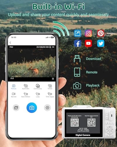 5K Digital Camera - WiFi 75MP Cameras for Photography - UHD Vlogging Camera for YouTube with 3" 180° Flip Screen - Autofocus Compact Video Travel Camara with 18X Zoom, 32GB SD Card, 2 Batteries 3