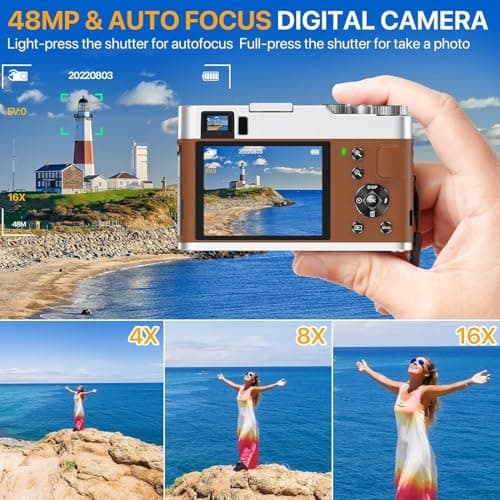 4K Digital Camera for Photography, 48MP Autofocus Vlogging Cameras with 16X Digital Zoom, 2.8" LCD Point and Shoot Camera for YouTube, Anti-Shake Compact Cameras with 32GB Micro SD Card & 2 Batteries 2