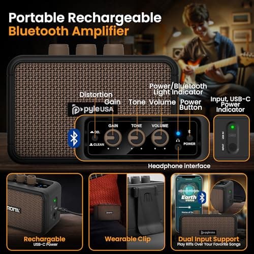 Pyle Electric Guitar and Amp Kit - Full Size 39" Complete Starter Kit with Wearable Bluetooth Amplifier, 1/4” Cable, Carry Case, Strap, Strings, Picks, Cleaning Cloth, ST-Style Pickups (Black) 4