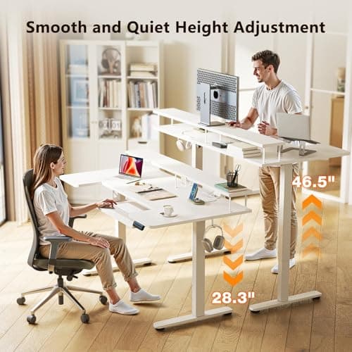 OffiGo U Shaped Electric Standing Desk with Keyboard Tray, 55 Inch Height Adjustable Desk with Power Outlets & LED Lights, Sit Stand Table with Monitor Stand for Home, Office, White 4
