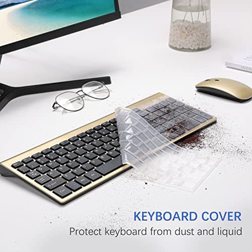 Wireless Keyboard and Mouse Ultra Slim Combo, TopMate 2.4G Silent Compact USB 2400DPI Mouse and Scissor Switch Keyboard Set with Cover, Batteries Included, for PC/Laptop/Windows/Mac - Gold Black 4