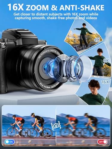 8K Digital Camera, 88MP WiFi Cameras for Photography with 3.2" Touchscreen, 16X Zoom Autofocus Vlogging Camera for YouTube Video, Anti-Shake, Dual Camera, 2 Batteries, 64GB Card, Flash, Lens Hood 4