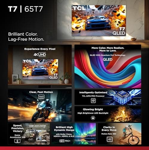 TCL 65 Inch Class T7 Series | 4K QLED HDR | 65T7, 2025 Model | 120HZ-144HZ High Brightness Smart Google TV Dolby Atmos Audio | Voice Remote Alexa Gaming Streaming Television 3