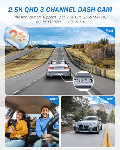Dash Cam Front and Rear, 2.5K+1440P Triple Car Camera with 32GB Card, 3 Channel Dash Camera for Cars, G-Sensor, 3.16” IPS Screen, 24Hr Parking, 170°Wide Angle, Loop Recording, IR Night Vision, Blue 2