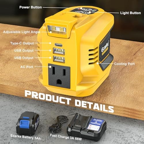 Power Inverter 200W Portable Power Station Generator Compatible with DeWALT, Ecarke Real 200W Supply Charger Adapter with Dual USB,AC Outlet and Type-C with 5Ah Battery & Charger Station Kit 2