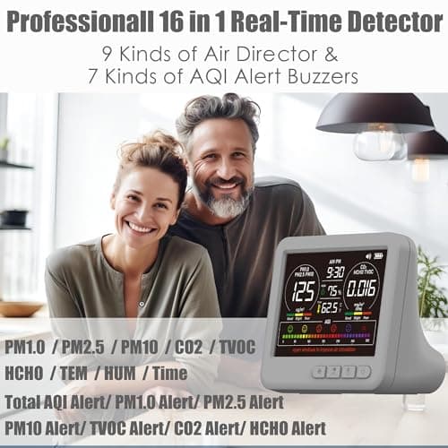 Professional Indoor Air Quality Monitor with 7X AQI,16 in 1 Portable Real-Time Detector for PM2.5 | PM10 | CO2 | TVOC | HCHO | Temp | Hum for Home Cars Plants Pets (Gray) 3