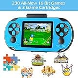 TaddToy 16 Bit Handheld Game for Kids Adults, 3.0'' Large Screen Preloaded 230 HD Classic Retro Video Games with USB Rechargeable Battery & 3 Game Cartridges for Birthday Gift for Kids 4-12 (Blue) 3