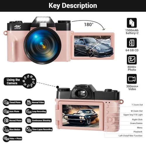 Digital Camera, FHD 4K 75MP WiFi Vlogging Video Camera for YouTube with 3'' 180°Flip Screen, 64GB SD Card, 16x Digital Zoom, 2 Batteries, Point and Shoot Digital Camera for Beginner (Pink) 4