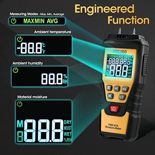 PREXISO Wood Moisture Meter - 7 in 1Digital Moisture Meter for Firewood, Woodworking, Walls, Home, Drywall, Paper, Floor - Moisture Reader, Pin-Type Water Leak Detector, Dampness Meter 3