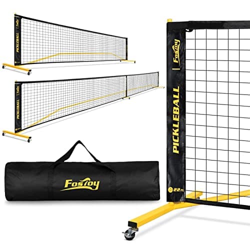 Fostoy Portable Pickleball Net with Wheels, Regulation Size 22 FT & Half Court 11 FT, Steady Metal Frame for Backyards, Driveways, and Garages (Black&Yellow)