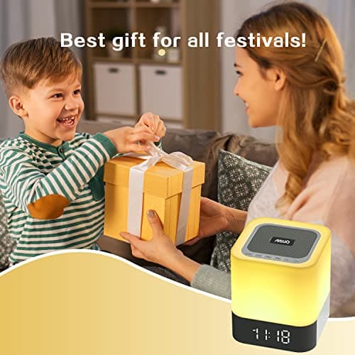 Aisuo Night Light-5 in 1 Bedside Lamp with Bluetooth Speaker, 12/24H Digital Calendar Alarm Clock, Touch Control, Support TF and SD Card, Music Player, Gift for Girls Boys Teens,Warm White 5