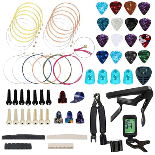NERECNDENS 66PCS Guitar Accessories Kit, Acoustic Changing Tool, Including Guitar Acoustic Strings, Picks, Capo, String Winder&Cutter, Tuner, Bones, for Players and Beginners